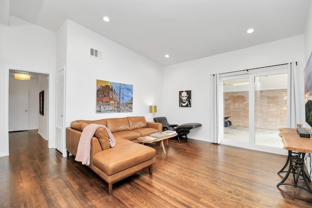 living room featuring dark wood-type flooring and high vaulted ceiling