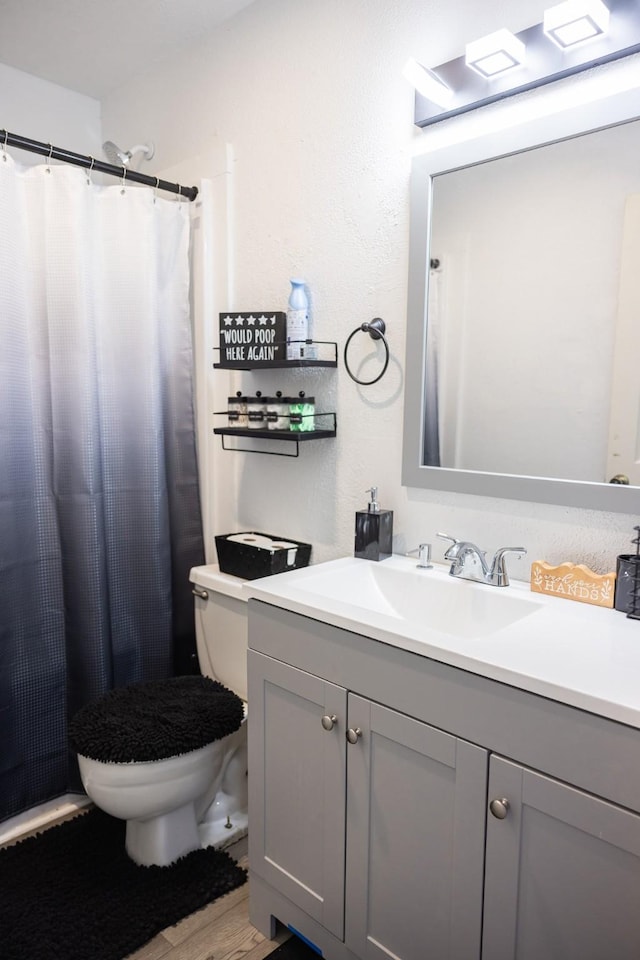 bathroom featuring vanity, toilet, and wood-type flooring