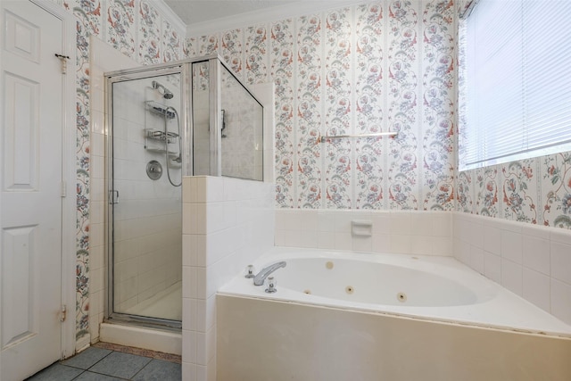 bathroom with tile patterned flooring, shower with separate bathtub, and ornamental molding