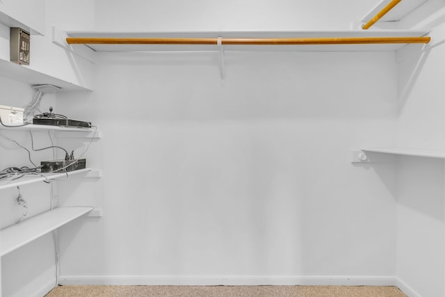 walk in closet with light colored carpet