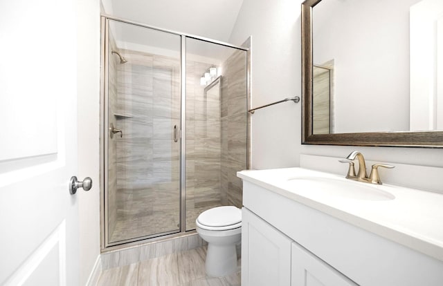 full bathroom with vanity, toilet, and a shower stall