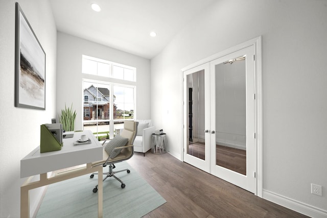 office with french doors, recessed lighting, baseboards, and wood finished floors