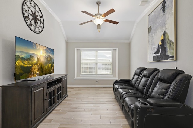 living room with ceiling fan, light hardwood / wood-style floors, vaulted ceiling, and ornamental molding