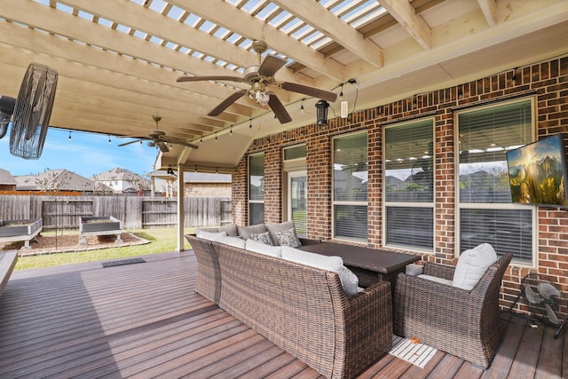 deck featuring a pergola and ceiling fan