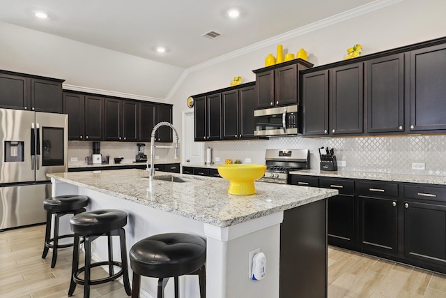 kitchen with sink, lofted ceiling, a kitchen island with sink, and appliances with stainless steel finishes