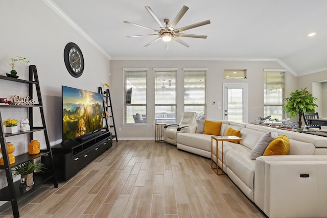 living room with vaulted ceiling, light hardwood / wood-style flooring, ceiling fan, and ornamental molding