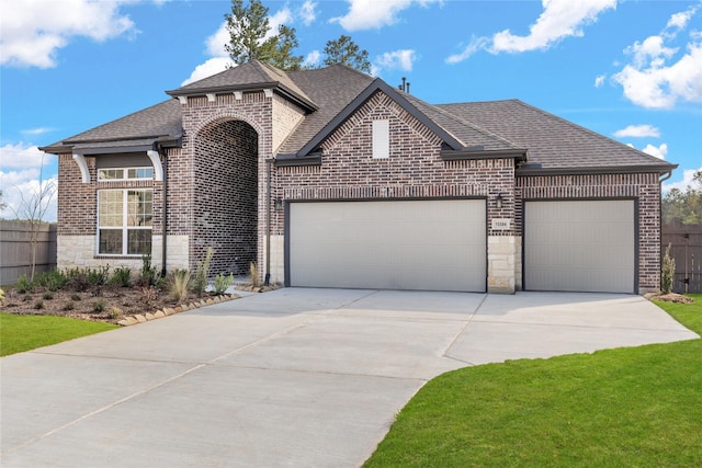 view of front of property with a garage, stone siding, brick siding, and a shingled roof