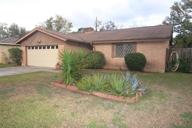 single story home with a front yard and a garage