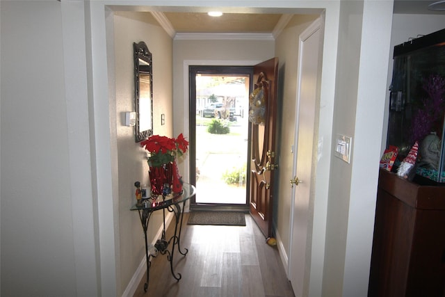 doorway with light hardwood / wood-style flooring and ornamental molding