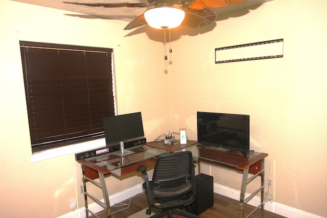 office space with ceiling fan and wood-type flooring