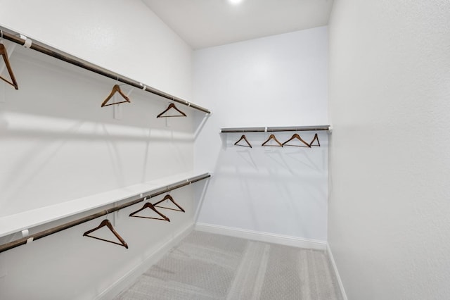 walk in closet featuring light colored carpet