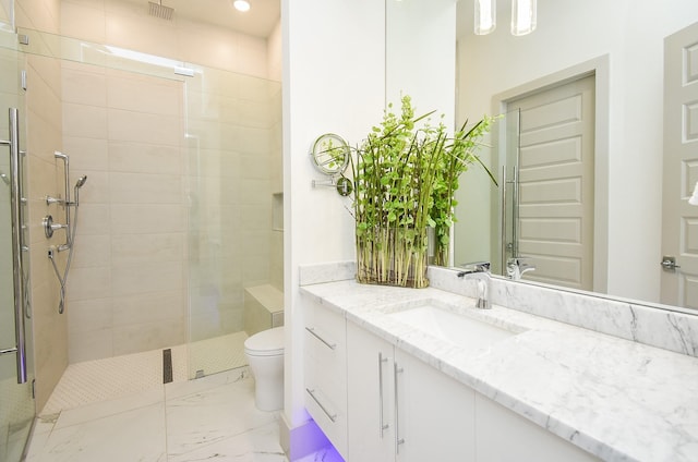 bathroom featuring vanity, toilet, and walk in shower