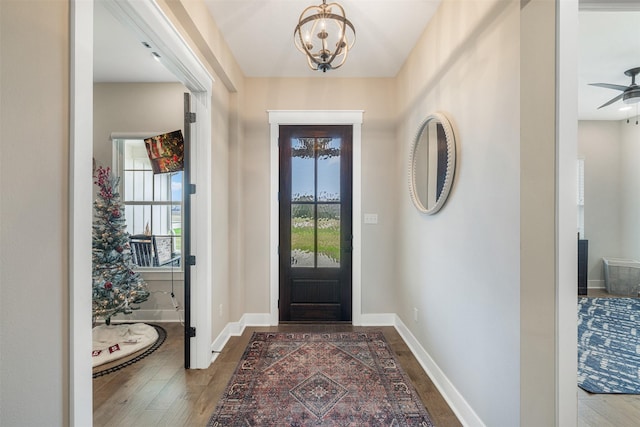 foyer featuring ceiling fan with notable chandelier, a healthy amount of sunlight, and hardwood / wood-style floors