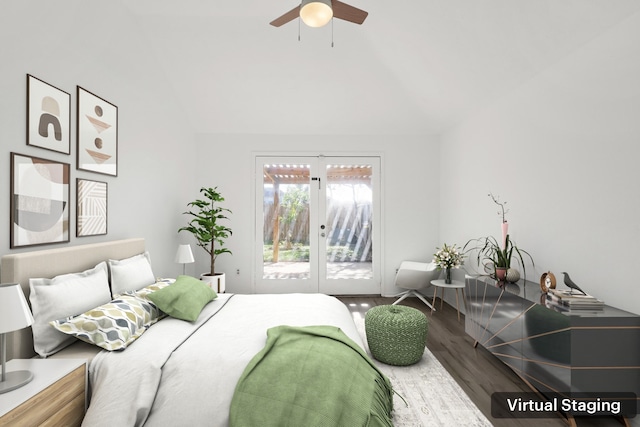 bedroom featuring hardwood / wood-style floors, ceiling fan, access to outside, and vaulted ceiling