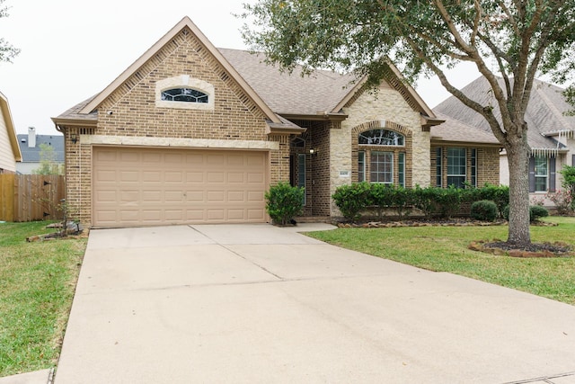 view of front of home with a front yard and a garage