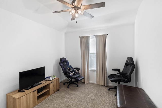 carpeted office with ceiling fan