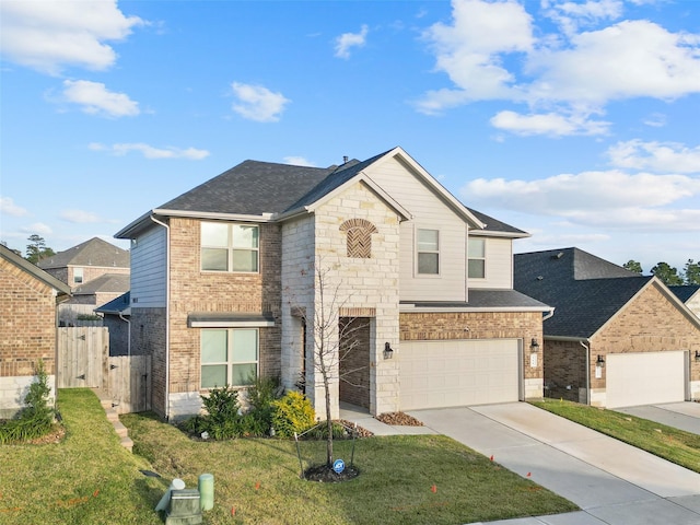 front facade with a garage and a front lawn