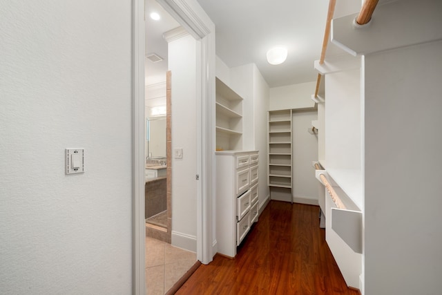 spacious closet with dark wood-type flooring