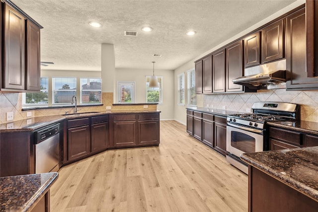 kitchen with a wealth of natural light, sink, hanging light fixtures, and appliances with stainless steel finishes