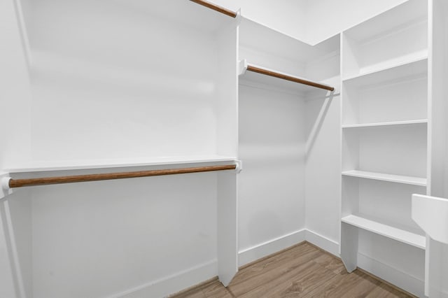 walk in closet with light hardwood / wood-style floors