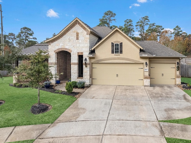 view of front of property with a garage and a front lawn