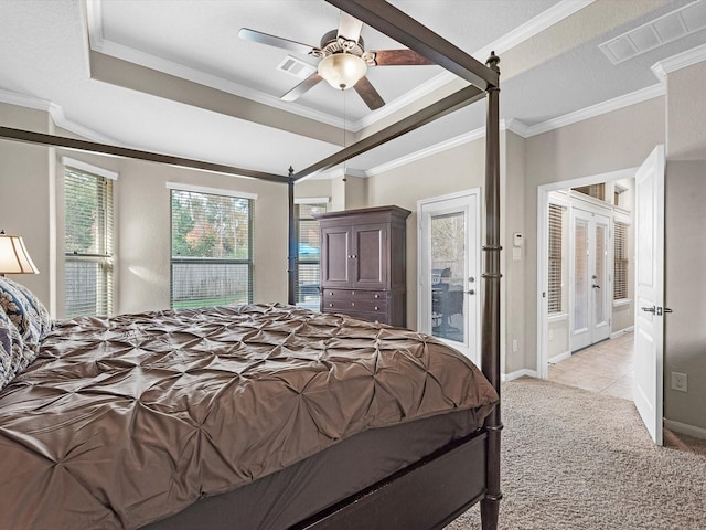 bedroom with ceiling fan, light colored carpet, ornamental molding, and access to outside