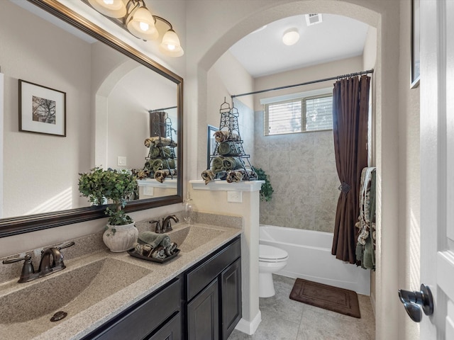 full bathroom with toilet, shower / bath combination with curtain, tile patterned floors, and vanity