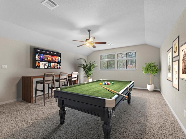 game room featuring carpet floors, billiards, lofted ceiling, and ceiling fan