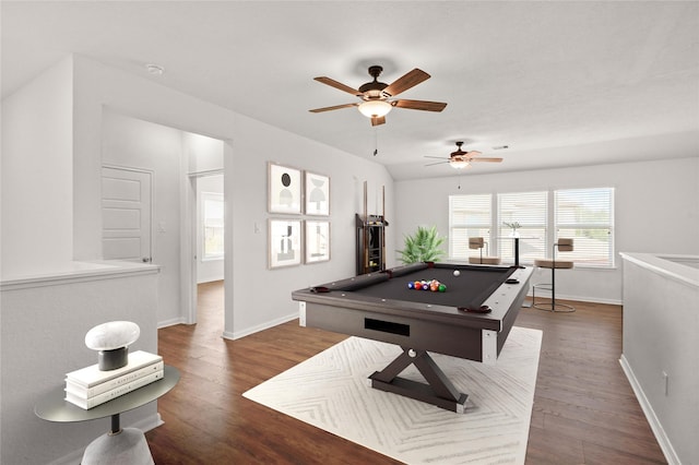 rec room featuring ceiling fan, dark wood-type flooring, and pool table