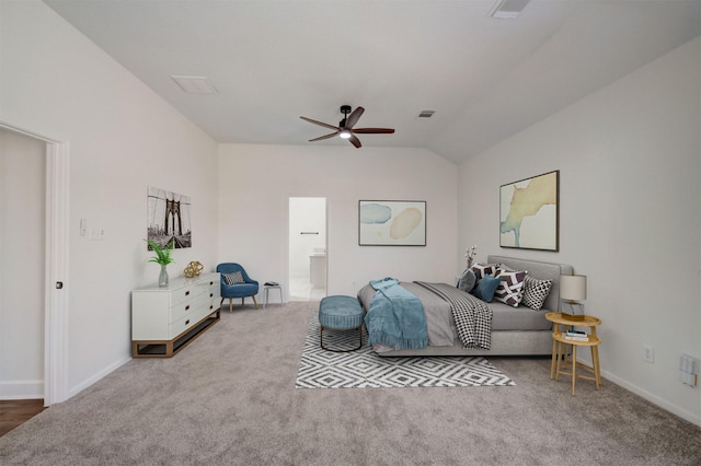 bedroom featuring light carpet, ceiling fan, and lofted ceiling