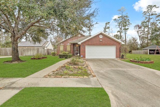 ranch-style home featuring a garage and a front lawn