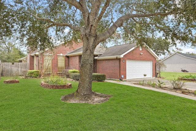 single story home with fence, a front lawn, driveway, and brick siding