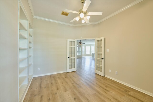 unfurnished room with french doors, ceiling fan, light hardwood / wood-style floors, and crown molding