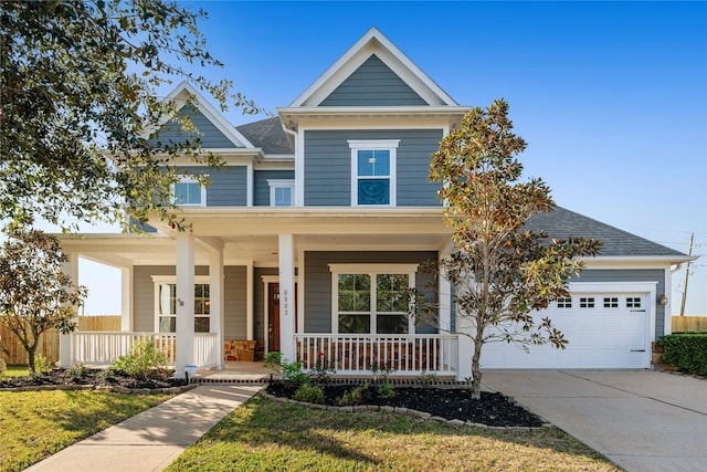 craftsman inspired home with a front lawn, covered porch, and a garage