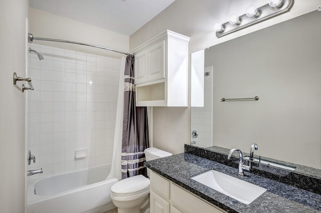 full bathroom featuring vanity, shower / bath combo, and toilet