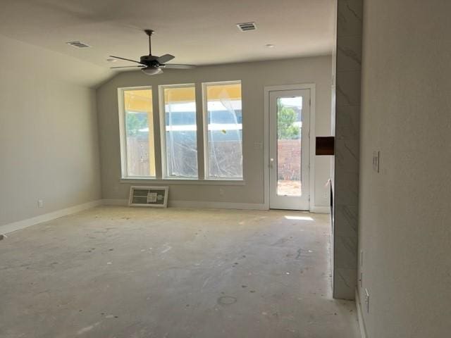 unfurnished room with vaulted ceiling and ceiling fan