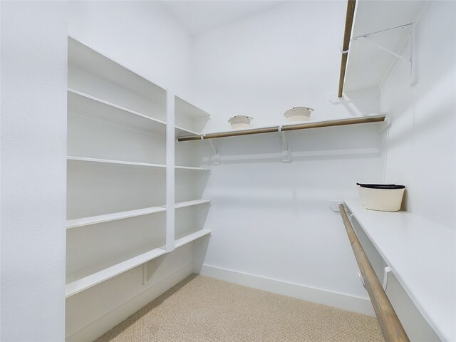 walk in closet featuring light colored carpet