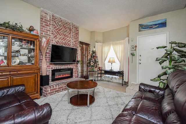 carpeted living room featuring a textured ceiling and a fireplace