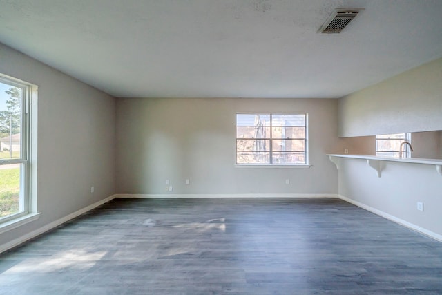 unfurnished room featuring plenty of natural light, sink, and dark wood-type flooring