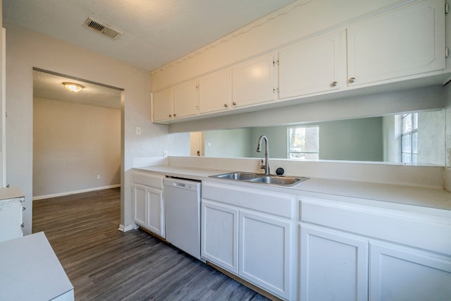 kitchen with dishwasher, dark hardwood / wood-style floors, white cabinetry, and sink