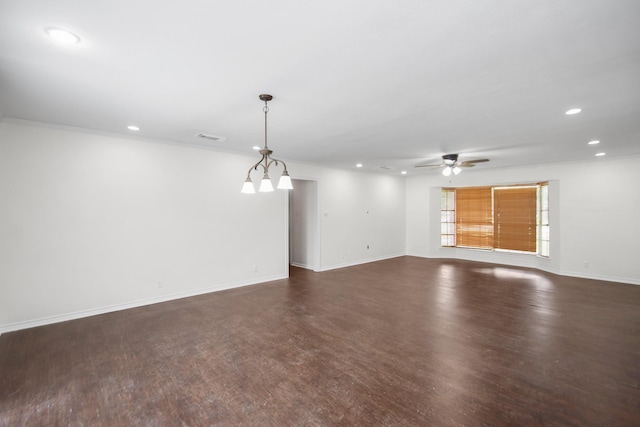 unfurnished room featuring ceiling fan, crown molding, and dark wood-type flooring