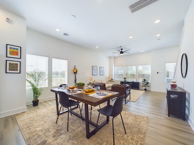 8321 Springwood Creek Ln, Houston, TX 77055 - dining space featuring baseboards, light wood-style flooring, recessed lighting, and ceiling fan