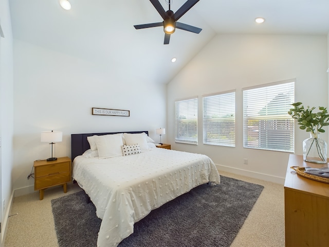 8321 Springwood Creek Ln, Houston, TX 77055 - bedroom featuring light carpet, vaulted ceiling, recessed lighting, baseboards, and ceiling fan