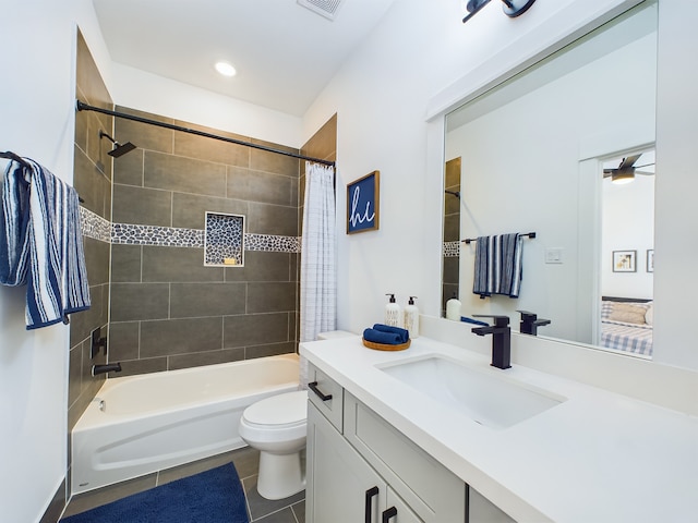 8321 Springwood Creek Ln, Houston, TX 77055 - bathroom with tile patterned floors, toilet, shower / bath combo, vanity, and recessed lighting