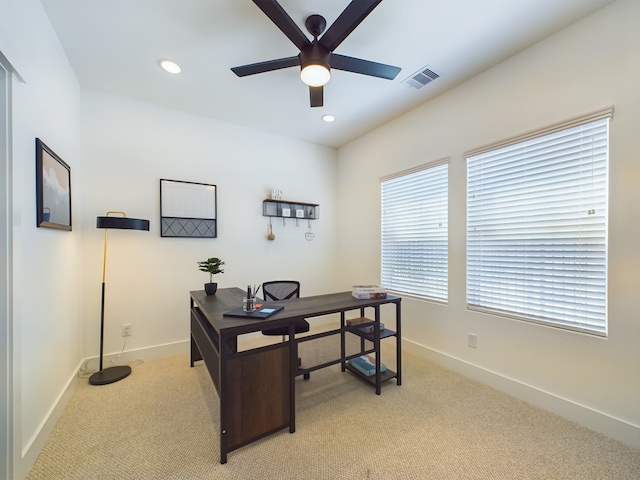 8321 Springwood Creek Ln, Houston, TX 77055 - office area featuring a ceiling fan, light carpet, baseboards, and recessed lighting