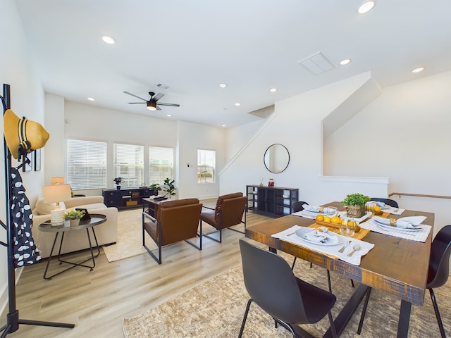 8321 Springwood Creek Ln, Houston, TX 77055 - dining room featuring a ceiling fan, light wood-type flooring, and recessed lighting