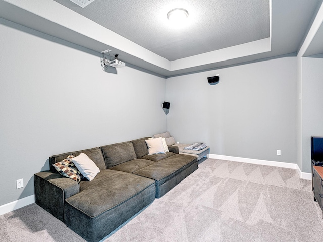 carpeted living room featuring a raised ceiling and a textured ceiling