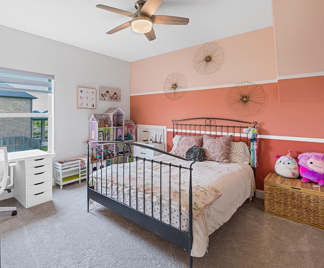 bedroom featuring carpet flooring and ceiling fan