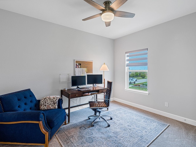 office space featuring ceiling fan and carpet