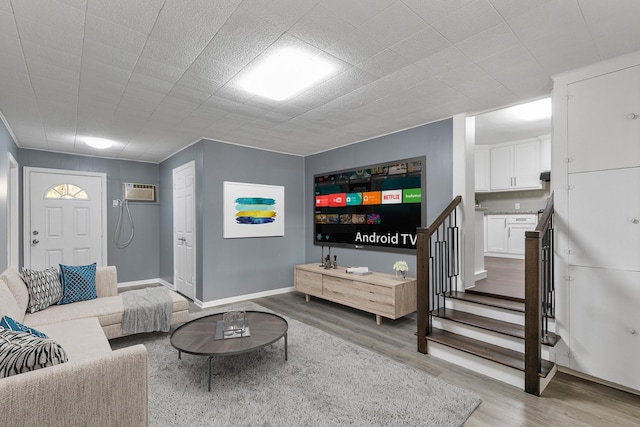 living room with a wall unit AC and wood-type flooring